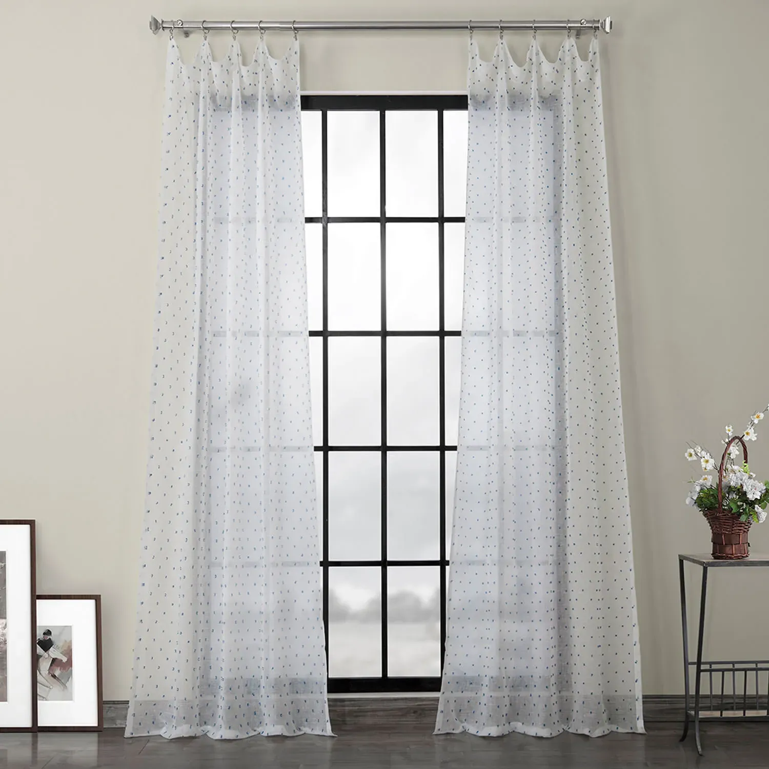 Altair Blue Patterned Linen Sheer Curtain (1 Panel), Altair Blue, 50W X 108L (2-Pack)