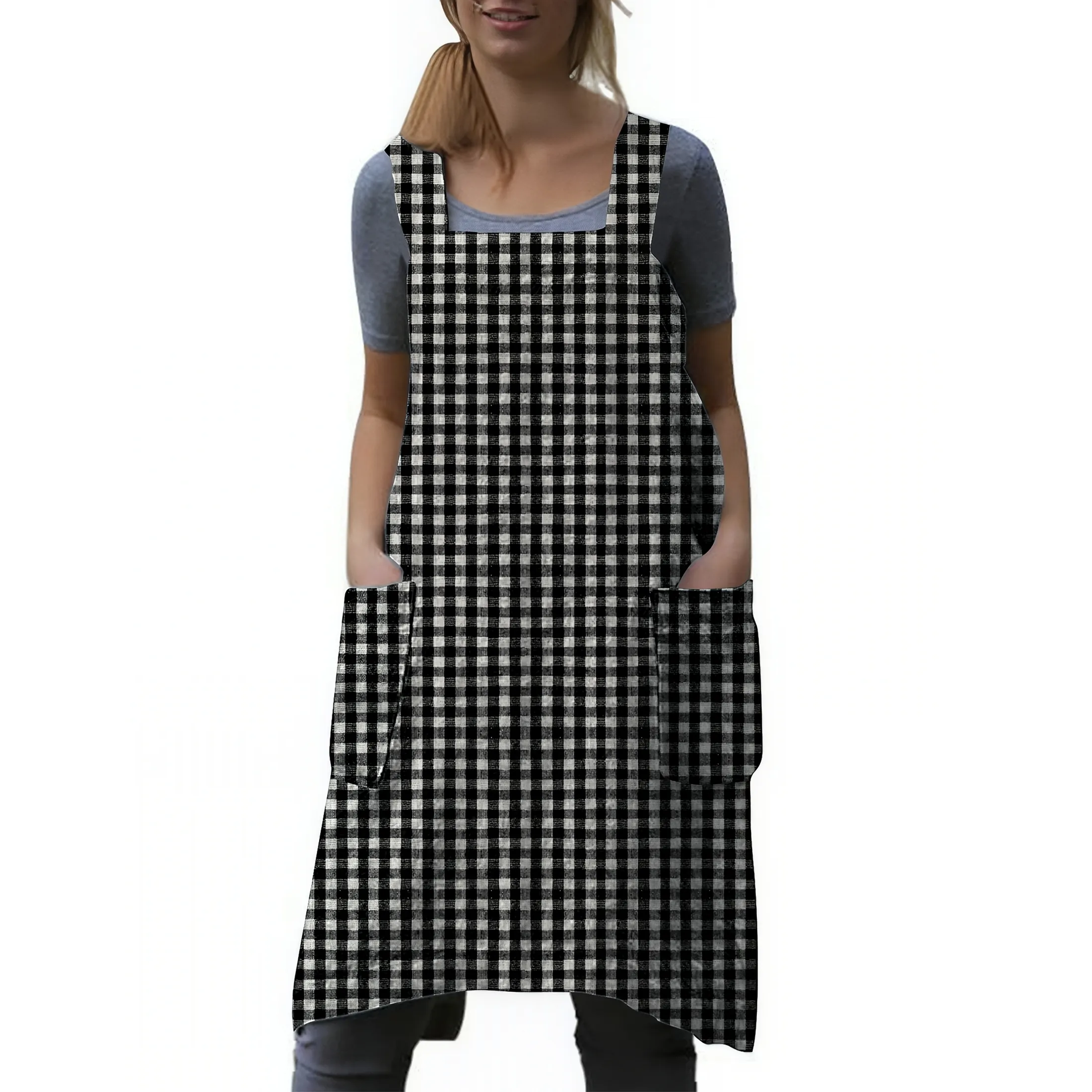 Womens Cross Back Pinafore Apron with Large Side Pockets No-Tie Aprons Bib for Kitchen Cooking (2-Pack)