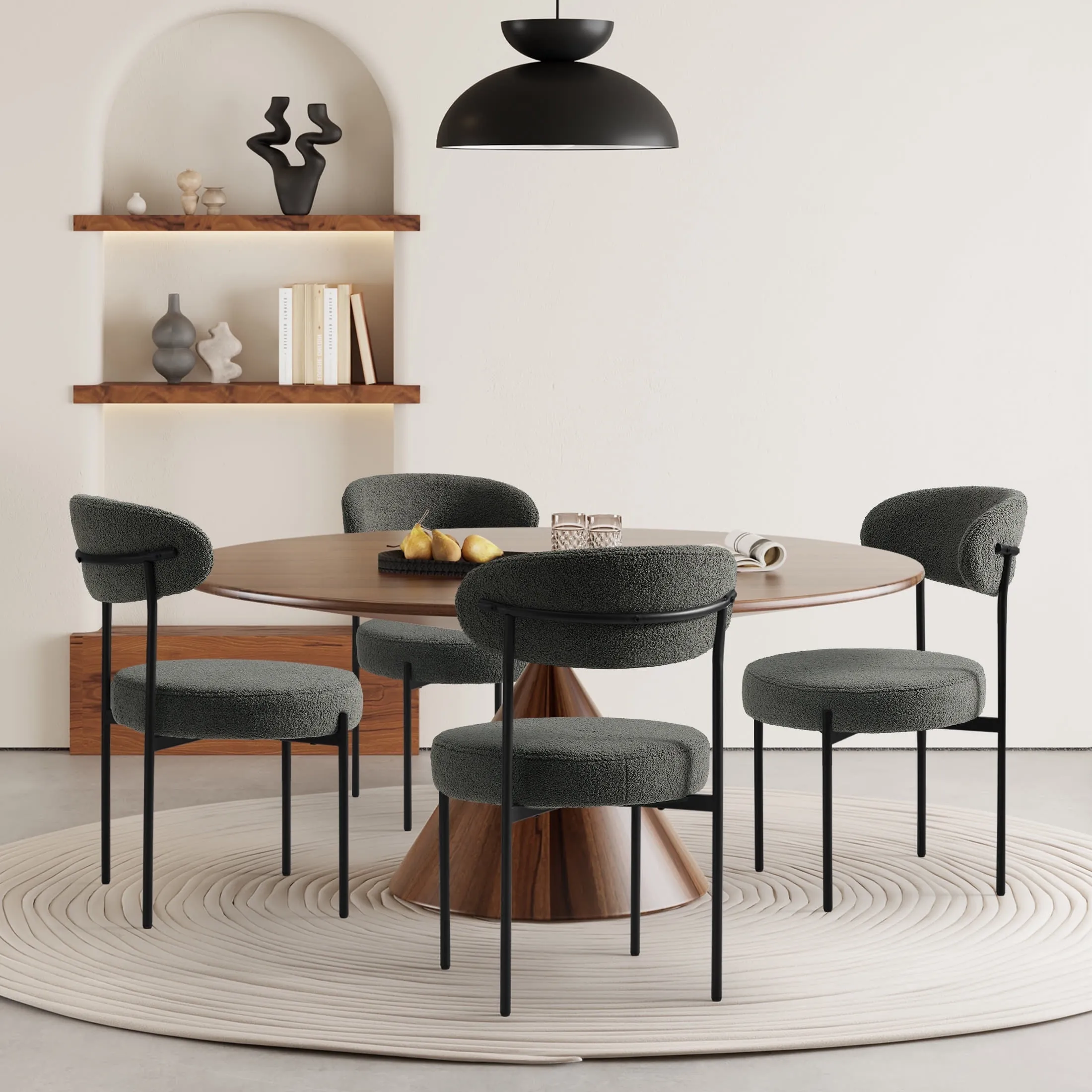 Alexandria Mid-Century Modern Upholstered Sherpa Round Dining Chairs (Set of 4), Charcoal Gray